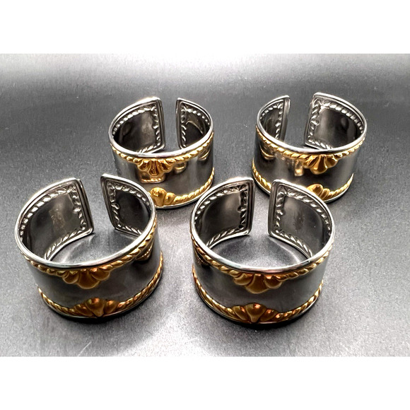 Set of 4 Signed GORHAM Silver & Gold Ribbon Edge Napkin Rings Holders - Picture 1 of 5
